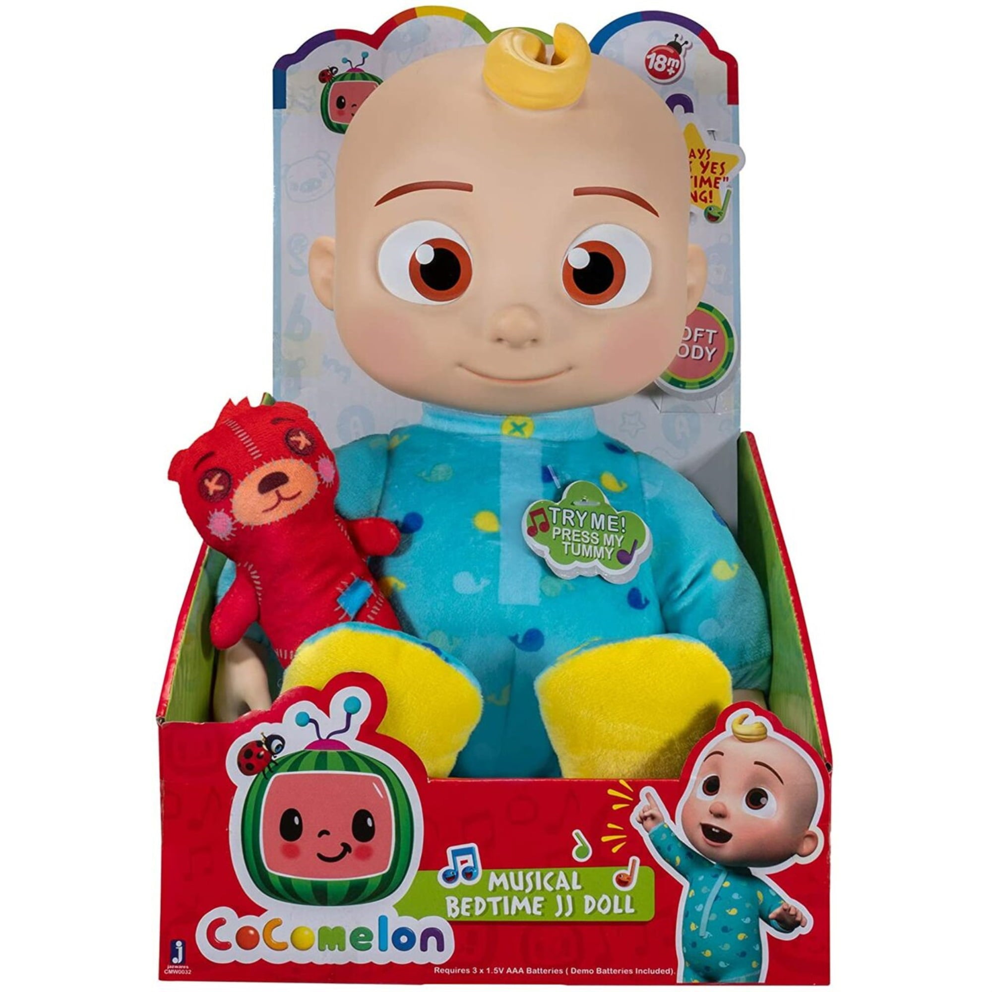 Cocomelon Musical Bedtime JJ Doll, with a Soft, Plush Tummy and Roto Head Press Tummy and JJ Sings Yes, Yes, Bedtime Song, Includes 1 Small Pillow Plush Teddy Bear Bedtime Toys for Babies