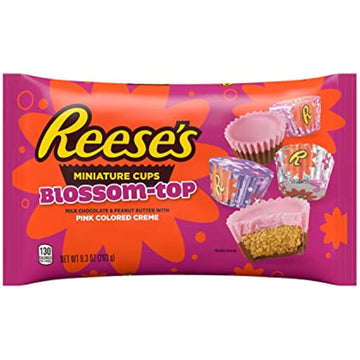 REESE'S Miniatures Blossom Top Milk Chocolate Peanut Butter Pink Colored Creme Cups Candy, Valentine's Day, 9.3 oz Bag