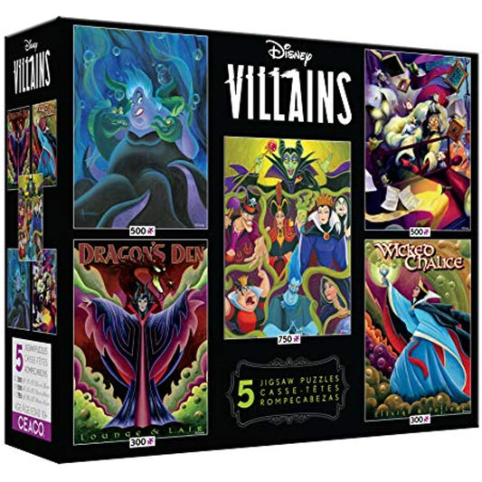 Ceaco - Disney/Pixar 5 in 1 Multipack Jigsaw Puzzle Sets, Disney Villains - Cruella Deville, Ursula, Maleficent Dragon's Den, Snow White Wicked Chalace, Disney Evil Villains Portrait