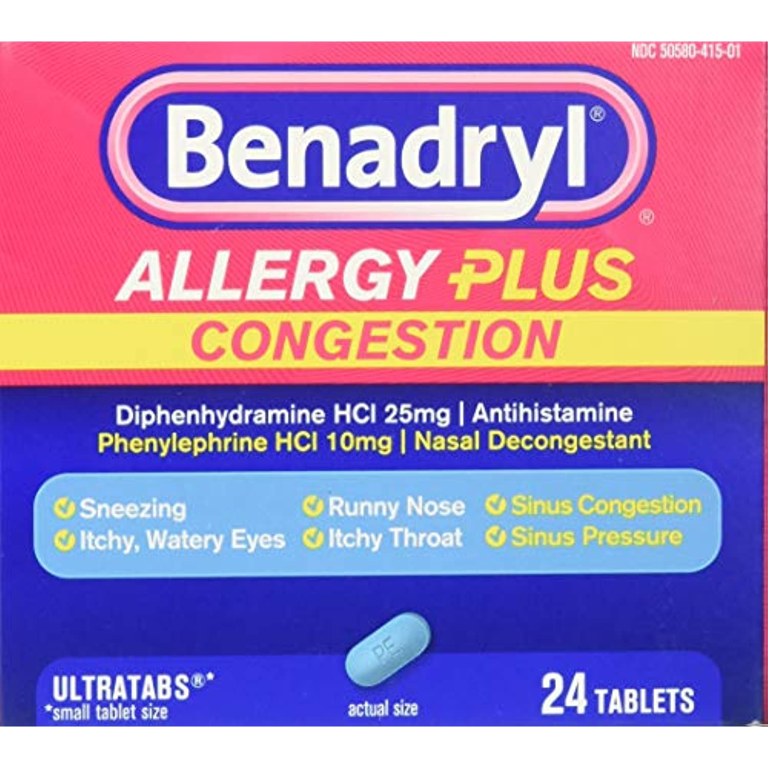 Benadryl Allergy Plus Congestion, 24 Tablets (Pack of 2)