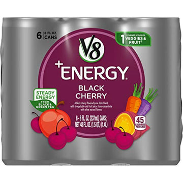 V8 +ENERGY Black Cherry Energy Drink, Made with Real Vegetable and Fruit Juices, 8 FL OZ Can (Pack of 6)