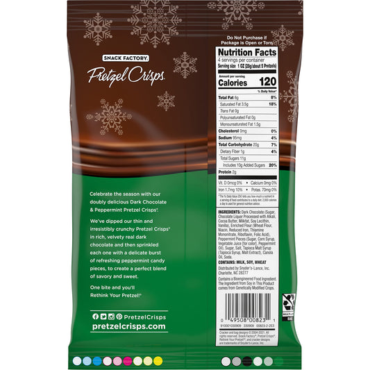 Snack Factory Pretzel Crisps Holiday Peppermint Dark Chocolate Covered Pretzels, 4 Oz