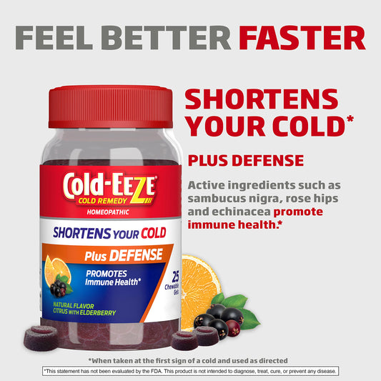 COLD-EEZE Remedy Plus Defense Chewable Gels, Citrus with Elderberry Natural Flavor, 25 Count