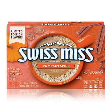 Swiss Miss Pumpkin Spice Hot Cocoa Mix, made with Premium Imported Cocoa and Real Non-Fat Milk! Gluten Free, No Artificial Colors, Flavors, Preservatives, or Sweeteners. 1 Box of 8 Envelopes.