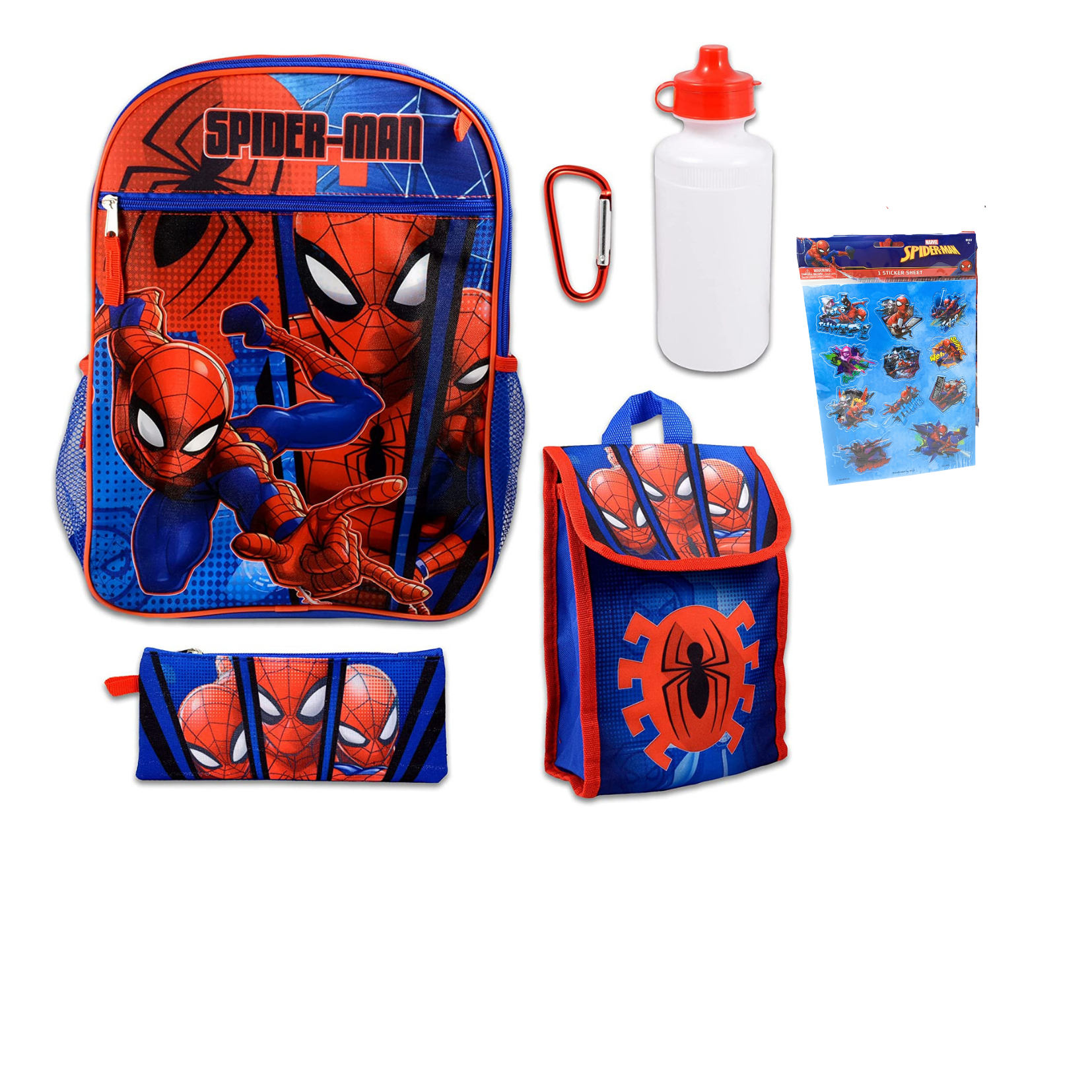 Marvel Spiderman 16" Backpack With Lunch Box ~ 5 Pc Set With Spiderman School Bag, Lunch Bag, Water Bottle, Stickers