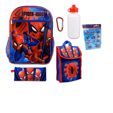 Marvel Spiderman 16" Backpack With Lunch Box ~ 5 Pc Set With Spiderman School Bag, Lunch Bag, Water Bottle, Stickers