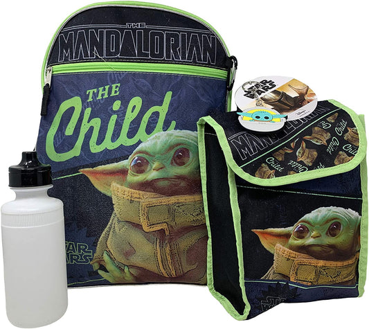 Star Wars The Child Mandalorian Backpack and Lunch Box Set- Baby Yoda Large 16" School Bag, Insulated Lunch Bag, Pencil Case