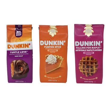 Dunkin Limited Edition Ground Coffee Variety Pack - Falling for Maple, Pumpkin Spice, and Turtle Love - 11 oz Per Bag - 33 oz Total - Dunkin Donuts Coffee Variety Bundle