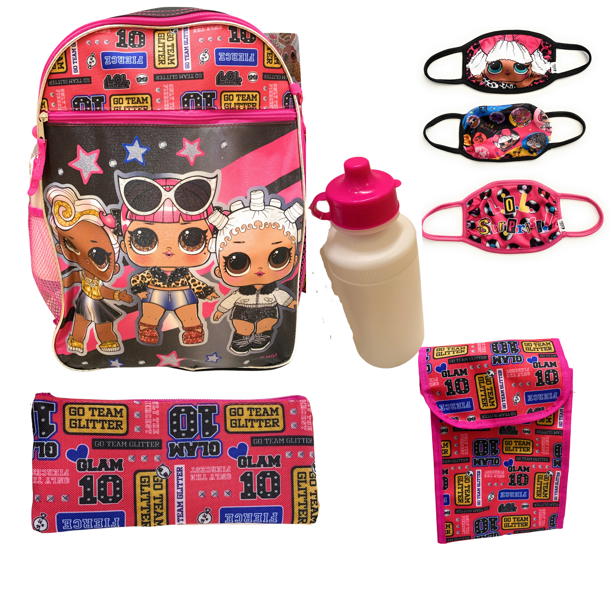 LOL Surprise Go Glitter Pink Backpack Bundle- 5 pc School Bag, Lunch Box Pencil Case