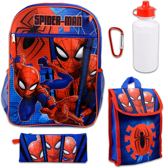 Marvel Spiderman 16" Backpack With Lunch Box ~ 5 Pc Set With Spiderman School Bag, Lunch Bag, Water Bottle, Stickers